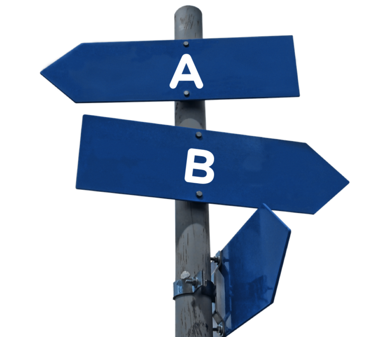blue road signs with an A and B pointing in different directions
