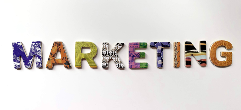 the word marketing, with each letter a different texture, color and pattern