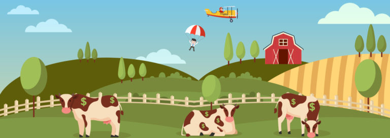 Farmland graphic with three cows, a parachuter in the sky and an airplane