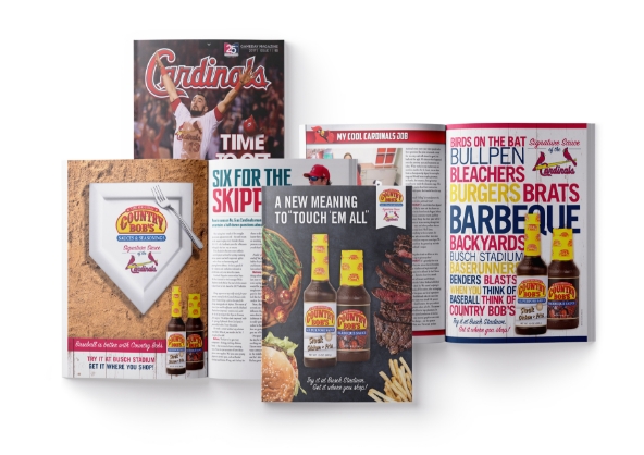 a spread of magazines all showing country bob's ads for the st. louis cardinals