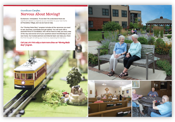 friendship village brochure showing model trains, smiling women on a bench and men playing card games around a table