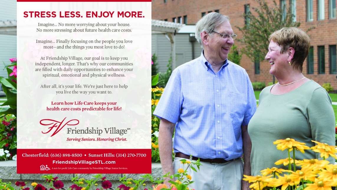 friendship village brochure showing a smiling couple surrounded by flowers