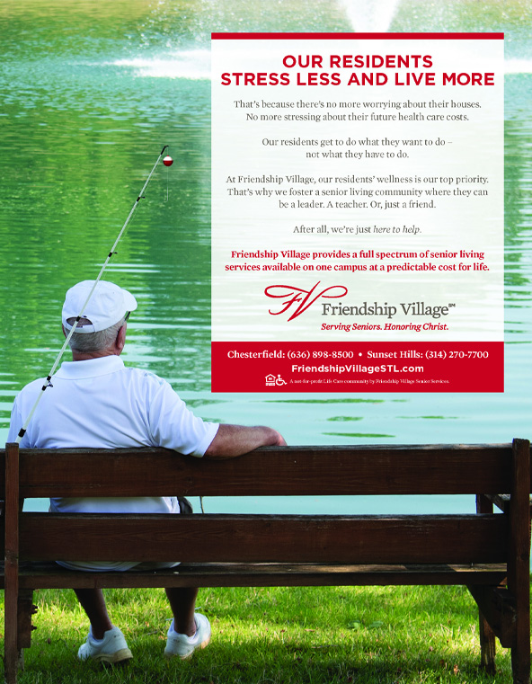 friendship village brochure showing a nam sitting on a bench with a fishing rod in front of a lake