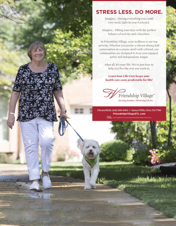 friendship village brochure showing an older woman walking a dog