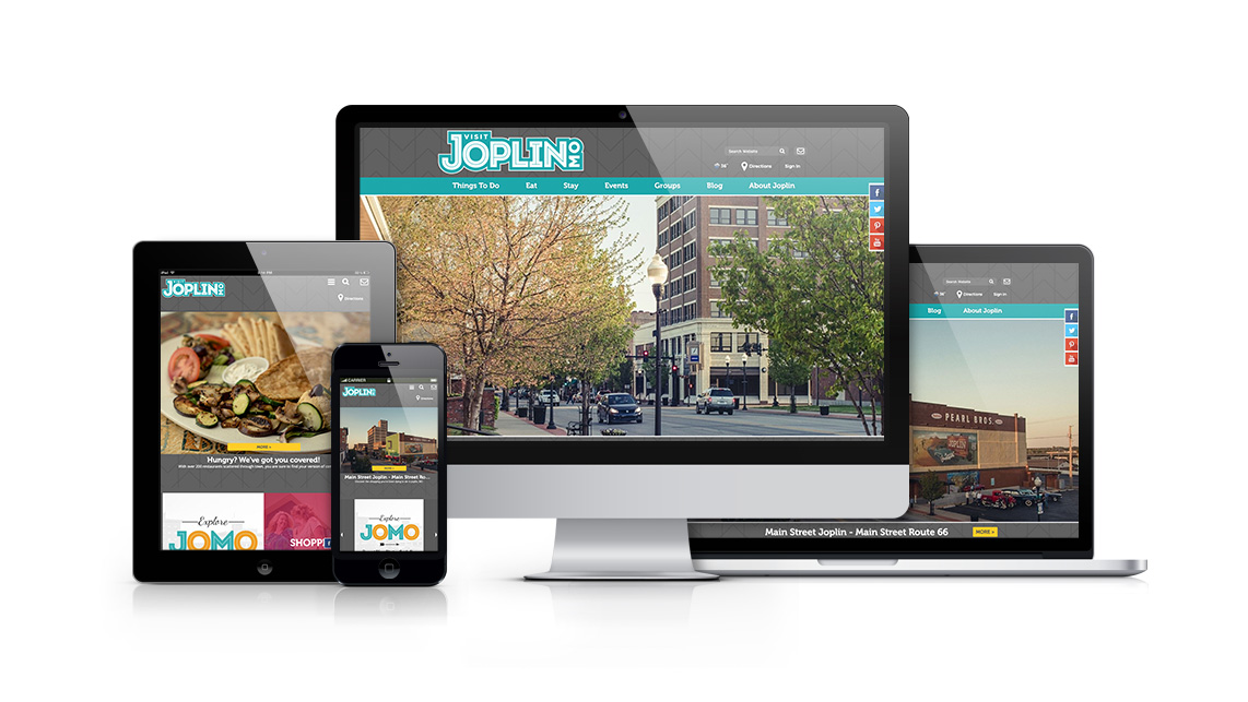 visit joplin website concept showing on tablets, a laptop, a mobile phone and a large screen