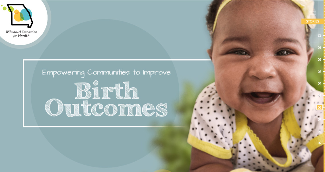 a smiling baby beside the words empowering communities to improve birth outcomes