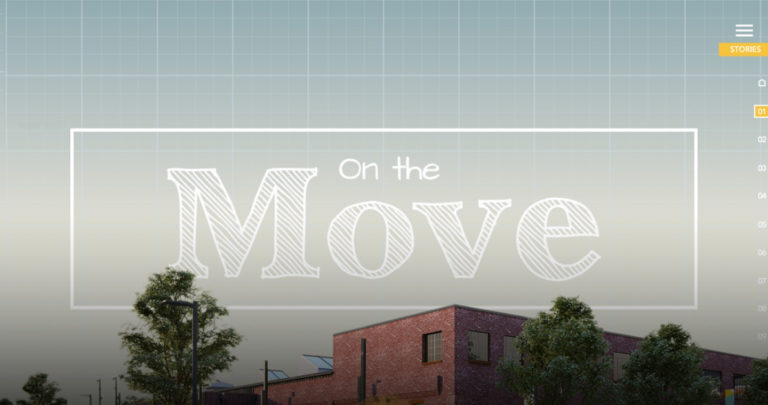 the words on the move on a website layout with a building