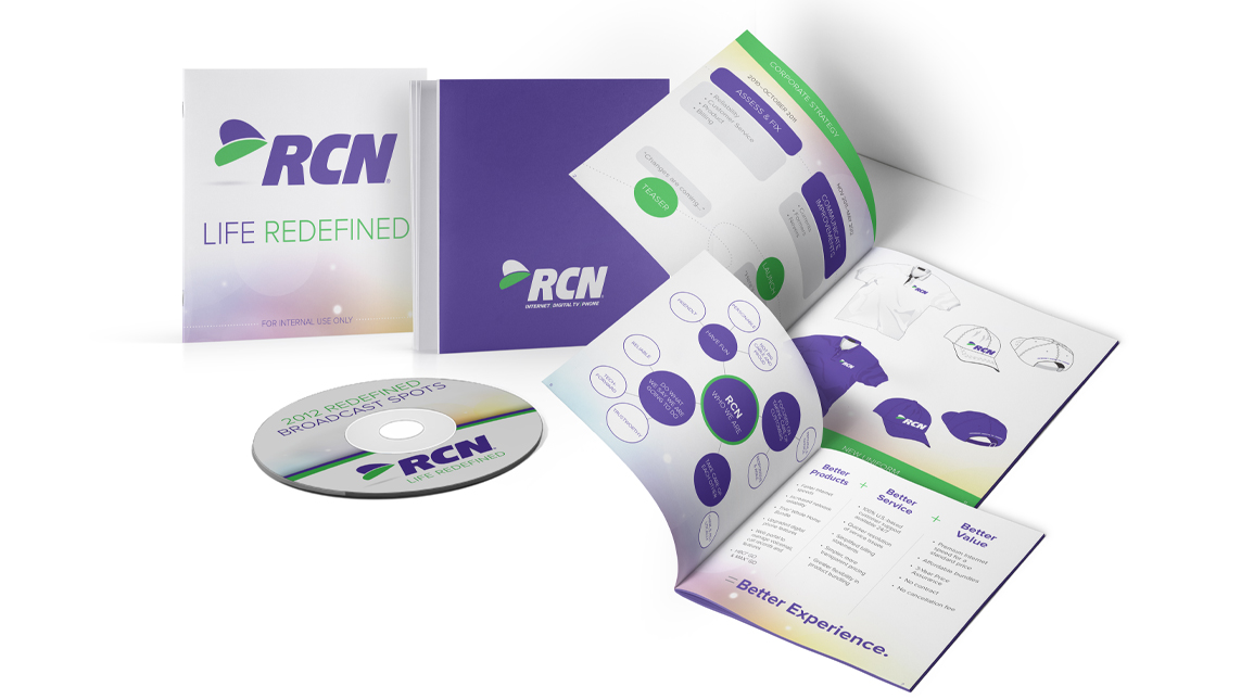 RCN branding booklet showing tshirt and hat designs as well as CDs