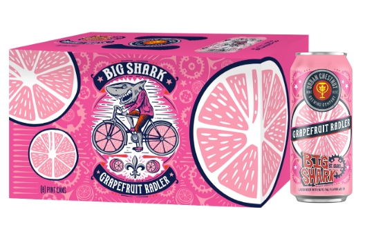 pink grapefruit and a shark riding a bike for the big shark / urban chestnut grapefruit radler can and case