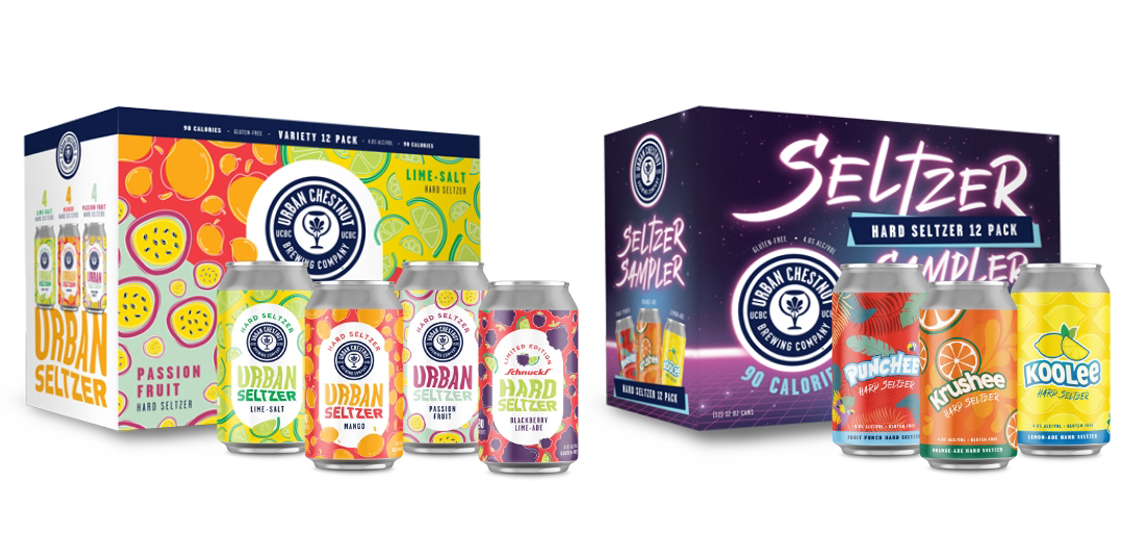 brightly colored urban seltzer and the seltzer sampler cans and cases