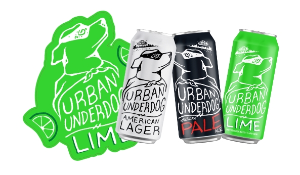 illustrations of a dog wearing a mask and the words urban underdog american lager on beer cans