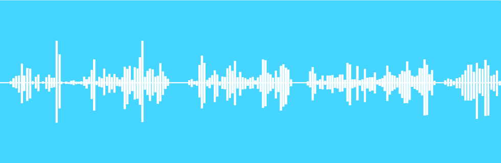 a blue background with a white audio wave over it