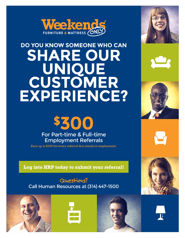 a weekends only poster with the words share our unique customer experience and photos of employees