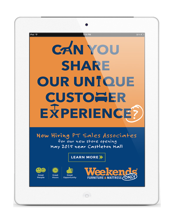 a weekends only landing page within a white tablet -- with the words can you share our unique customer experience?