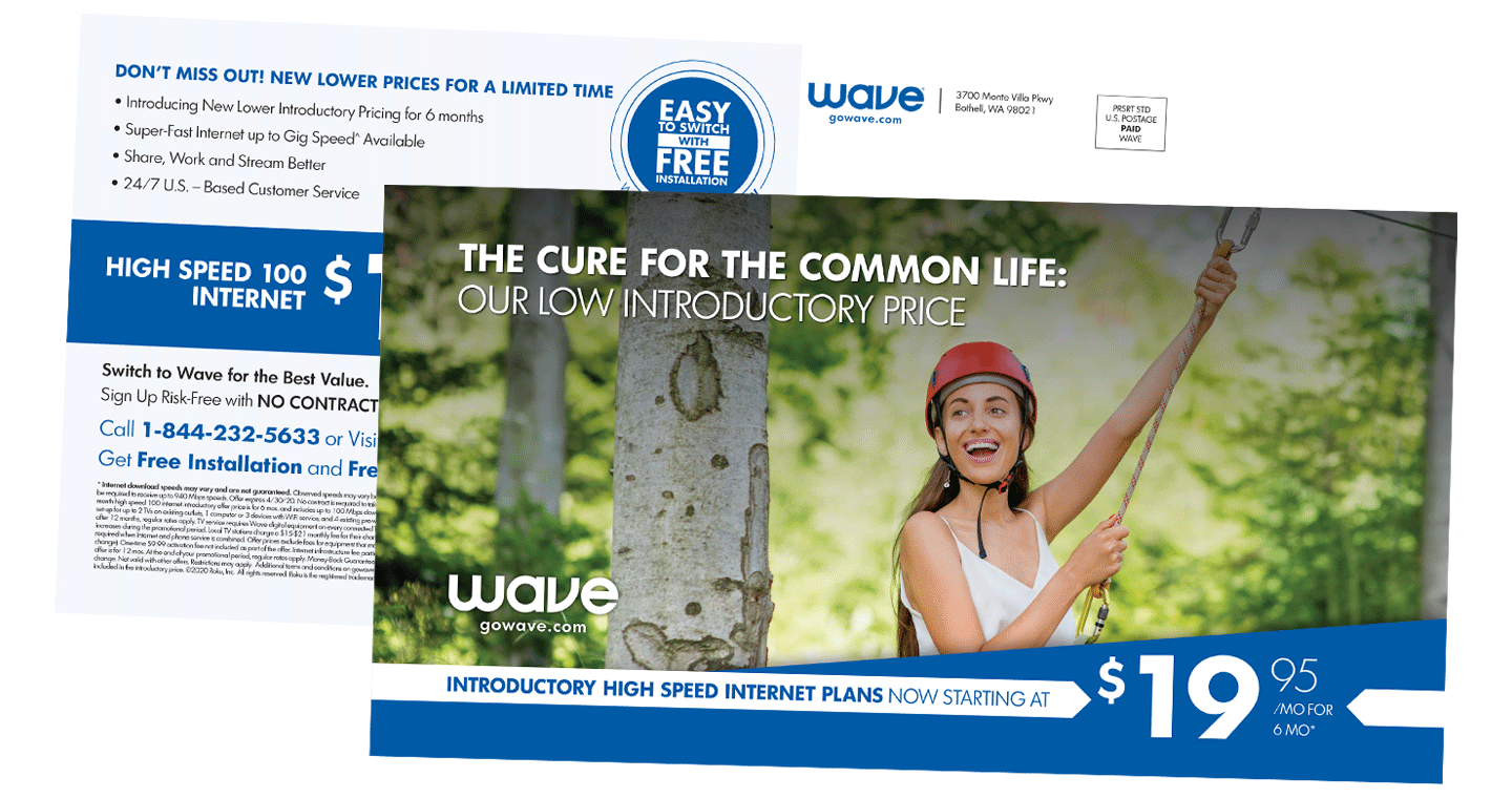 wave cable direct mail with a smiling woman on a zip line and the product price for high-speed internet