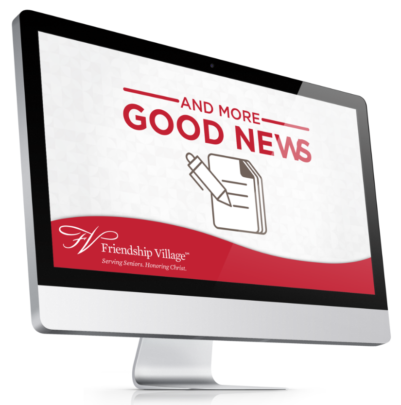 the words good news with a pen and paper icon on a powerpoint slide