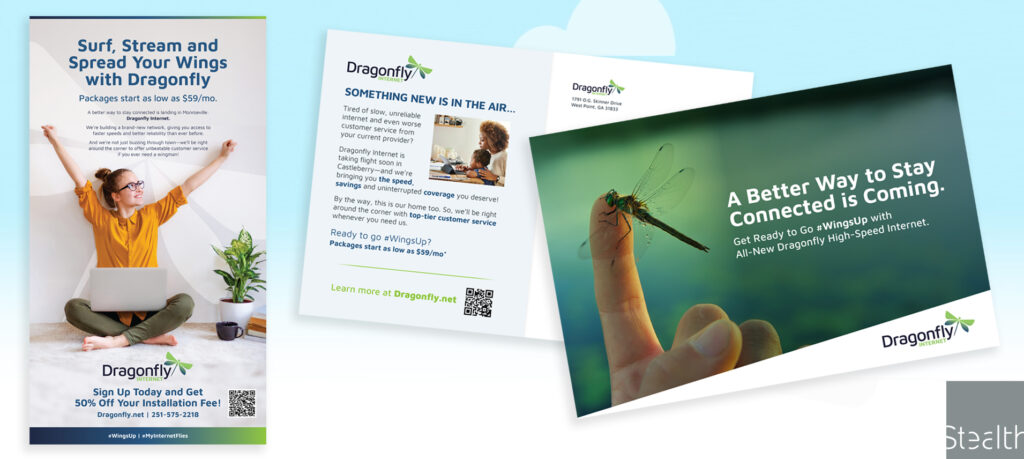 Dragonfly print ad and direct mail