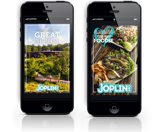 two iphones with images of the visit joplin ads showing outdoor and food scenes around Joplin, MO